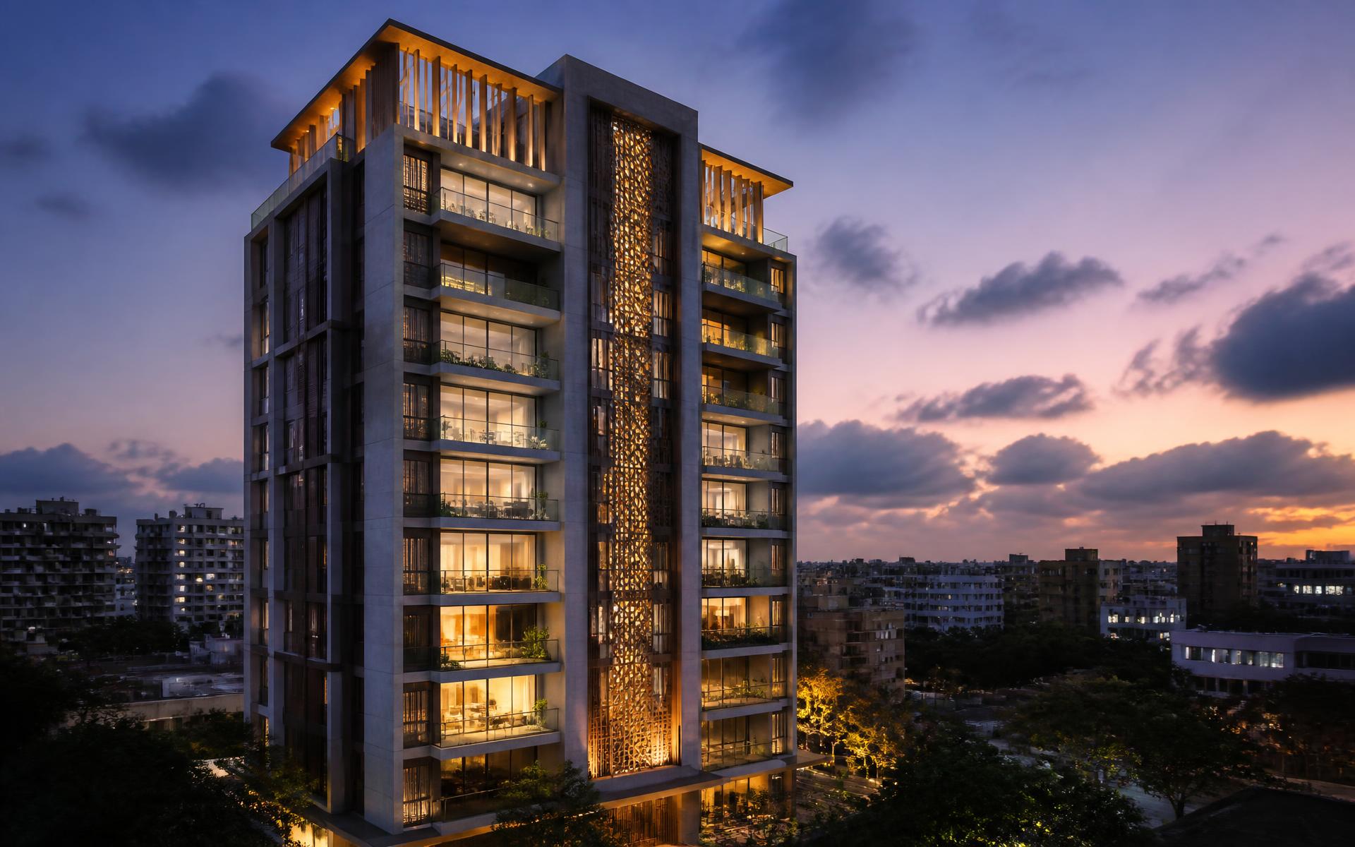 Luxury modern residential apartment tower at dusk in Dhaka