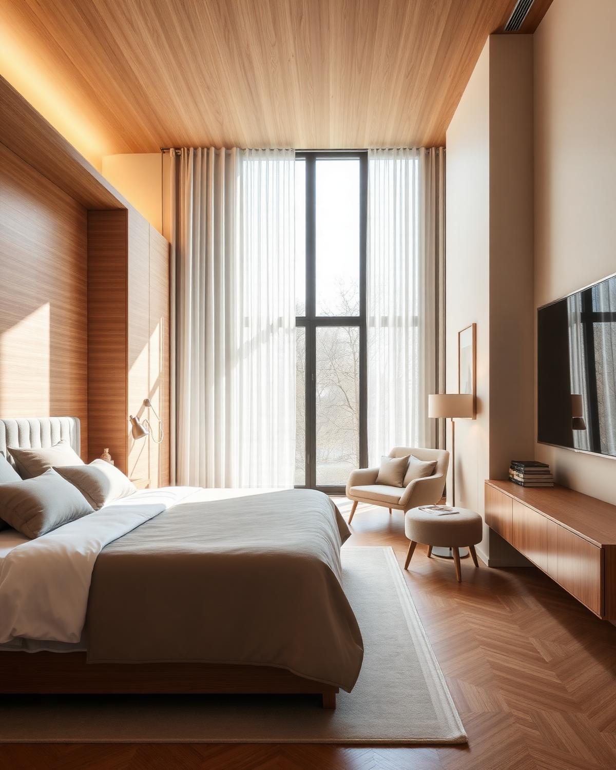 Bedroom interior with warm wood finishes